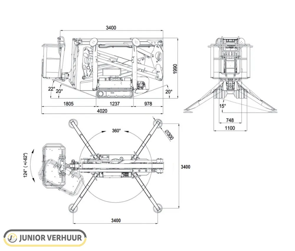 Afmetingen Hinowa Lightlift 15.70 spinhoogwerker - Junior Verhuur